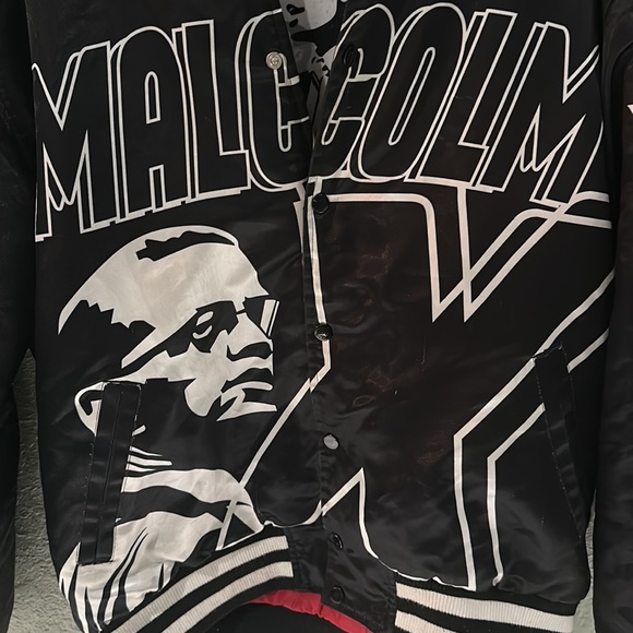 HEADGEAR CLASSICS - MALCOLM X POWER SATIN LONG SLEEVE BLACK AND WHITE JACKET - Picture 2 of 11
